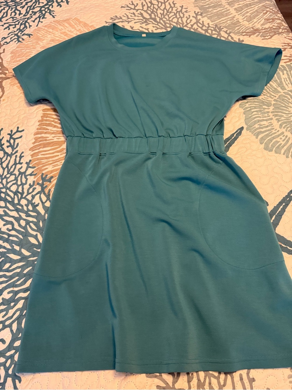 Casual Teal Short-Sleeve Waist-Drawn Dress